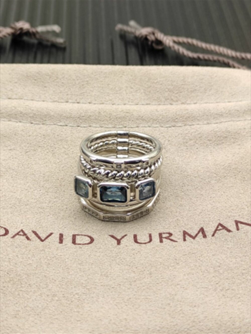 David Yurman Blue Topaz and Sterling Silver Stackable Ring Set